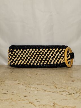 Coldwater Creek Beaded Black Woven Straw Bamboo Ring Handle Clutch Bag